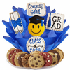 Graduation-themed cookie bouquet with cookies and decorative elements on a white background