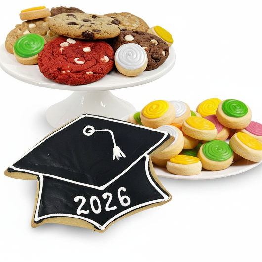 Graduation-themed cookies with a cap and '2026' on a white background
