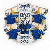 Decorative cookies with graduation-themed designs and 'Congrats Grad Class of 2026' text on a white background.