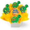 Bouquet of green turtle-shaped cookies with 'Speedy Recovery' card