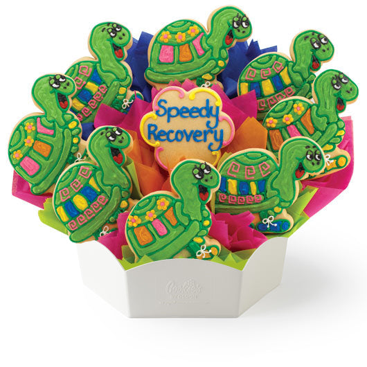 Bouquet of green turtle-shaped cookies with 'Speedy Recovery' card