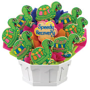 Turtle-themed cookie bouquet with 'Speedy Recovery' message, colorful gift arrangement
