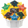 Graduation-themed cookie bouquet with colorful cookies shaped like graduation caps and stars, featuring text and numbers.