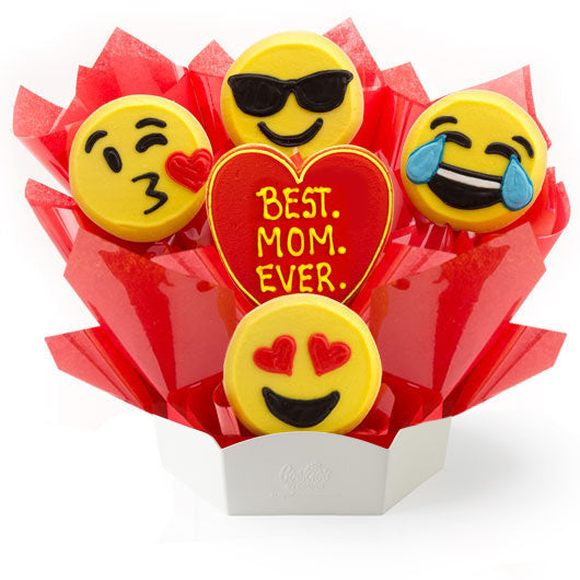 Bouquet of emoji-themed cookies with a heart-shaped cookie reading 'Best Mom Ever' 