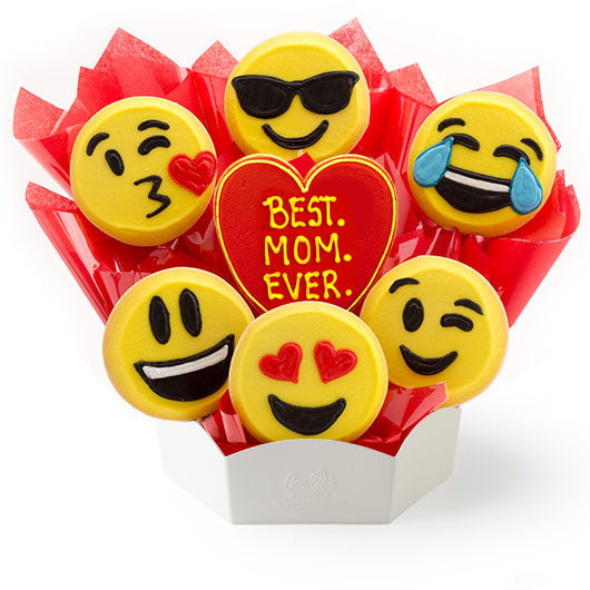 Bouquet of emoji-themed cookies with a heart-shaped cookie reading 'Best Mom Ever' 