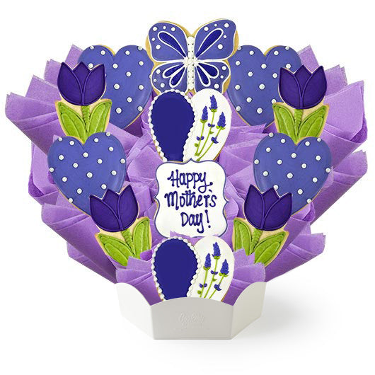 Lavender-themed Mother's Day cookie bouquet with standard container