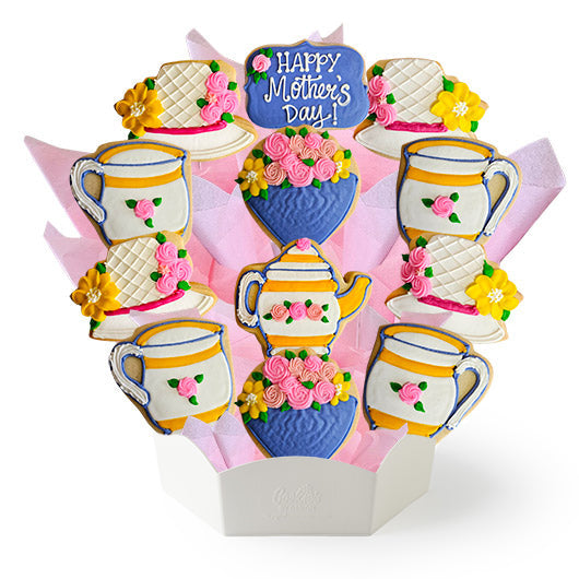 Cookie bouquet with teapot and cake shapes, decorated with flowers and 'Happy Mother's Day!'