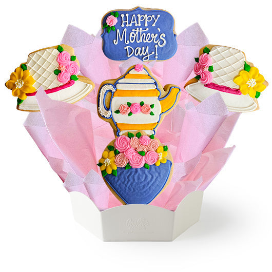 Cookie bouquet with teapot and cake shapes, decorated with flowers and 'Happy Mother's Day!'