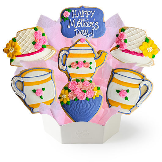 Cookie bouquet with teapot and cake shapes, decorated with flowers and 'Happy Mother's Day!'