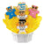 Medical-themed cookie bouquet with decorated nurse and doctor cookies, yellow paper, white basket