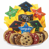 Graduation-themed cookie platter with colorful decorations on a white background