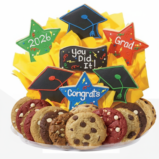 Graduation-themed cookie platter with colorful decorations on a white background