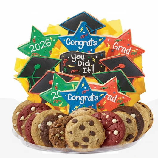 Graduation-themed cookies with colorful decorations on a white background
