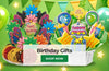 Colorful birthday gift set with cookies and decorations on a green background