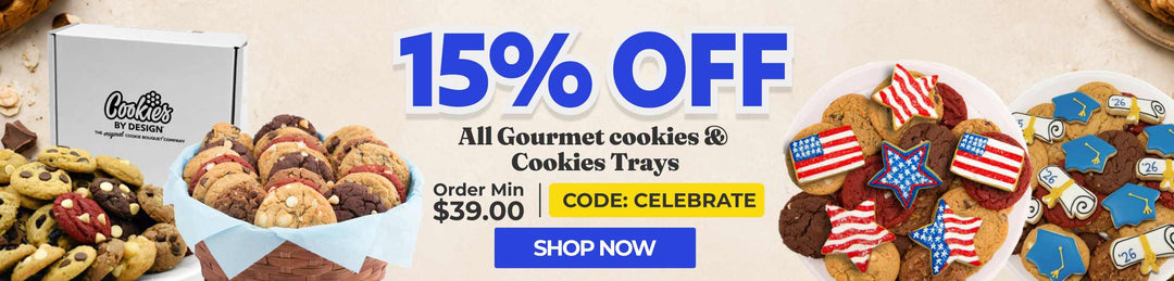 Promotional banner for cookies with a 15% off discount offer and a 'Shop Now' button.