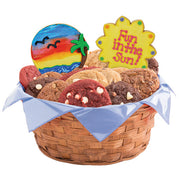 Summer cookie gift basket with assorted gourmet cookies and beach theme decorated cookies.