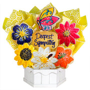 Sympathy cookie bouquet with colorful flower and butterfly shaped cookies, gift arrangement