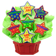Star-shaped decorated cookies arranged in a bouquet, each with positive messages like 'Great Job!' and 'Outstanding!'