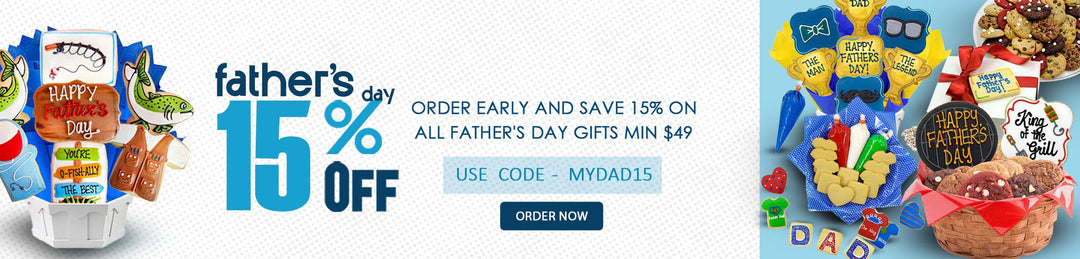 Promotional banner for Father's Day gifts with discounts and product images.