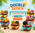 A promotional beach-themed cookie basket offer with multiple wicker baskets filled with assorted cookies, candy, and themed treats arranged on a sandy surface. Large text reads 'DOUBLE DOWN' with offer details: buy one dozen cookie basket, get a second dozen gourmet cookies added for free, promo code BOGO, and ORDER NOW.