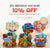 Promotional banner for 'BTS, BIRTHDAY AND BABY 10% OFF BACK TO SCHOOL, BIRTHDAY AND BABY GIFTS' with three colorful gift baskets and assorted treats on a light beige background. The text includes a coupon code 'BTSBB10' and a 'Shop Now' badge.