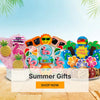 Colorful summer-themed cookies in a box with promotional text on a light blue background.