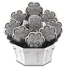 Perfect for a 40th or 50th birthday gifts, this Older than Dirt" cookie bouquet, decorated in gray, black, and white icing, sends fun messages such as "Gravity Happens" and "I Demand a Recount.